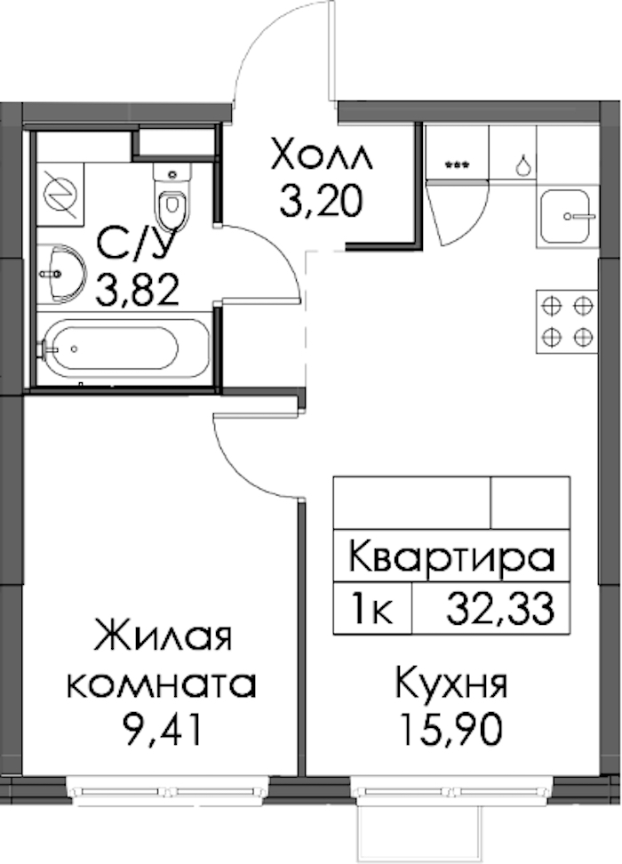 1-комнатная квартира 32.33 м², 7/12 эт., ЖК «Таллинский парк»